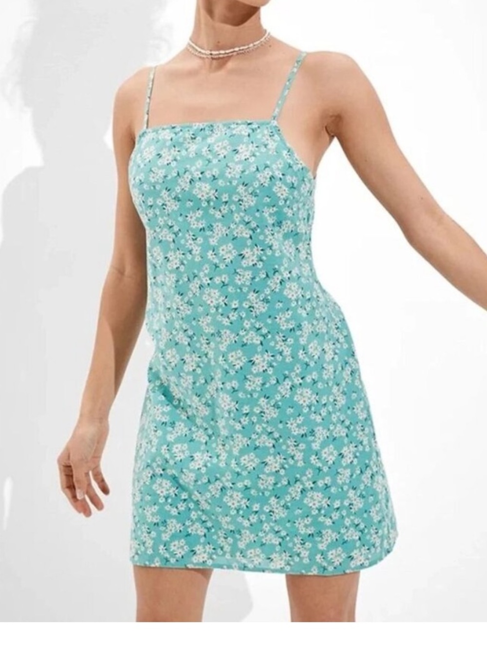 American Eagle Aqua floral tie back dress small